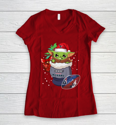 Houston Texans Christmas Baby Yoda Star Wars Funny Happy NFL Women's V-Neck T-Shirt 10