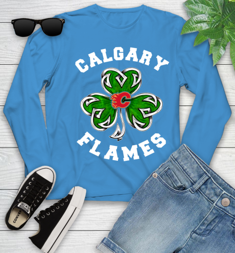 NHL Calgary Flames Three Leaf Clover St Patrick's Day Hockey Sports Youth Long Sleeve 8