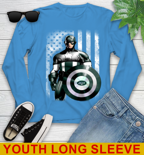 New York Jets NFL Football Captain America Marvel Avengers American Flag Shirt Youth Long Sleeve 8