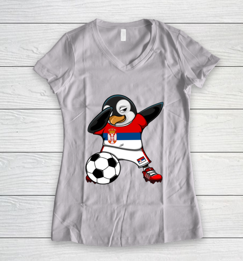 Dabbing Penguin Serbia Soccer Fans Jersey Football Lovers Women's V-Neck T-Shirt