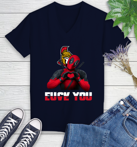 NHL Ottawa Senators Deadpool Love You Fuck You Hockey Sports Women's V-Neck T-Shirt 2