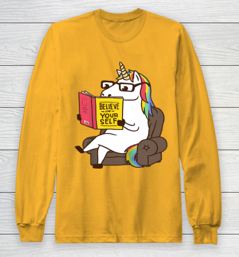 Unicorn Shirt Believe in Yourself Motivational Book Lover Long Sleeve T-Shirt 3