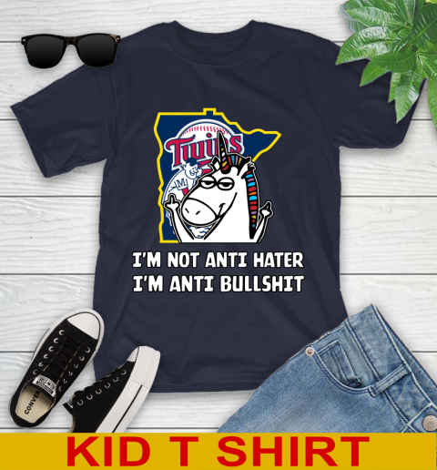 Minnesota Twins MLB Baseball Unicorn I'm Not Anti Hater I'm Anti Bullshit Youth T-Shirt 3