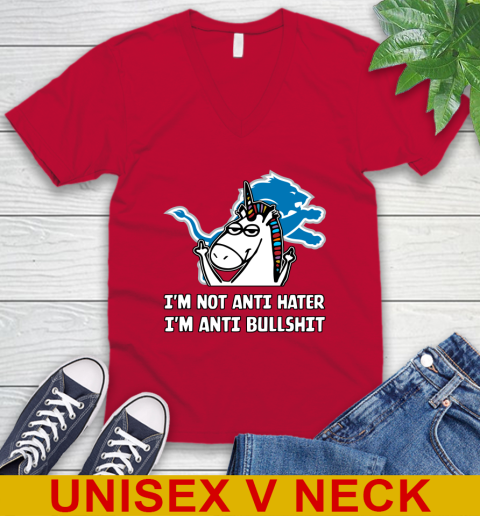 Detroit Lions NFL Football Unicorn I'm Not Anti Hater I'm Anti Bullshit V-Neck T-Shirt 7
