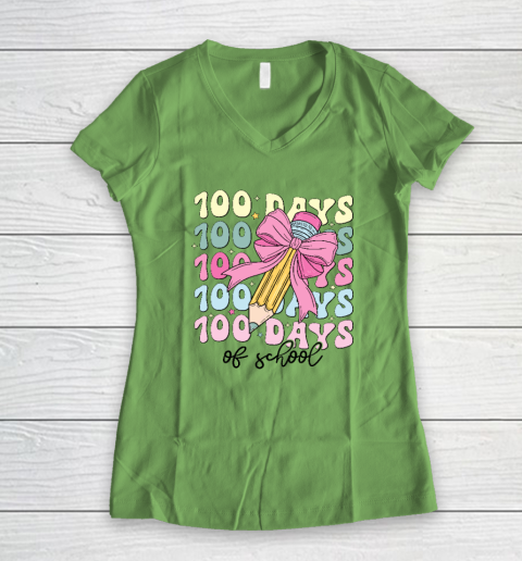 100 Days of School Girls Coquette Bow 100th Day of School Women's V-Neck T-Shirt 4