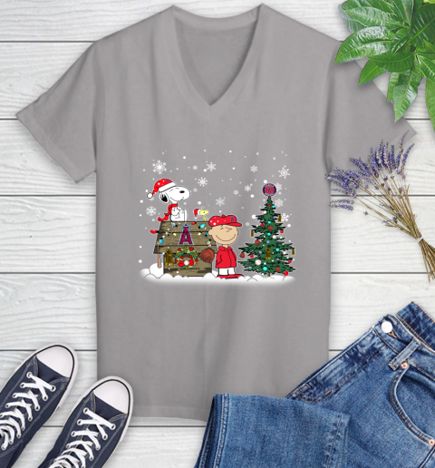 MLB Los Angeles Angels Snoopy Charlie Brown Christmas Baseball Commissioner's Trophy Women's V-Neck T-Shirt 4