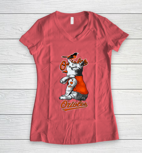 MLB Baseball My Cat Loves Baltimore Orioles Women's V-Neck T-Shirt 4