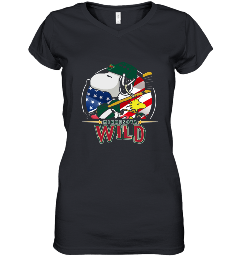 Minnesota Wild Ice Hockey Snoopy And Woodstock NHL Women's V-Neck T-Shirt