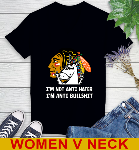Chicago Blackhawks NHL Hockey Unicorn I'm Not Anti Hater I'm Anti Bullshit Women's V-Neck T-Shirt 2