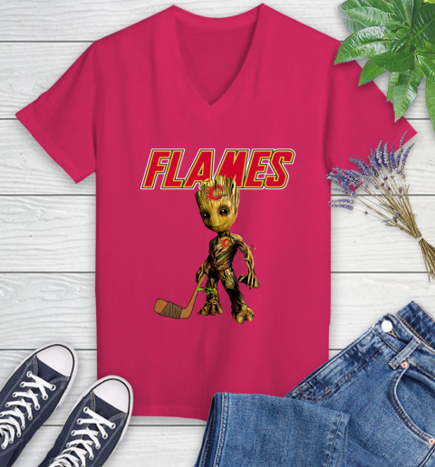 Calgary Flames NHL Hockey Groot Marvel Guardians Of The Galaxy Women's V-Neck T-Shirt 9