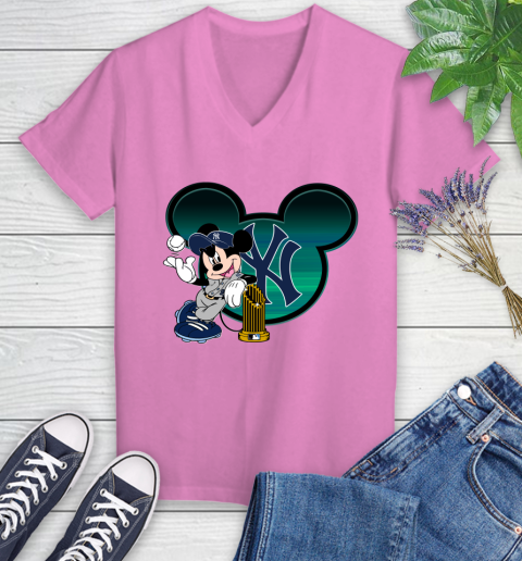 MLB New York Yankees The Commissioner's Trophy Mickey Mouse Disney Women's V-Neck T-Shirt 14