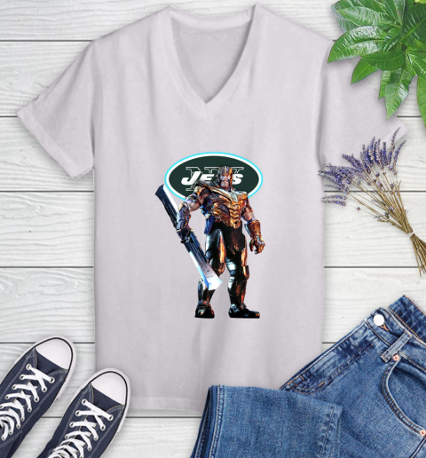 NFL Thanos Gauntlet Avengers Endgame Football New York Jets Women's V-Neck T-Shirt