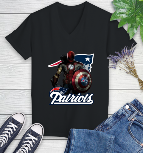 NFL Captain America Thor Spider Man Hawkeye Avengers Endgame Football New England Patriots Women's V-Neck T-Shirt 2