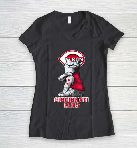 MLB Baseball My Cat Loves Cincinnati Reds Women's V-Neck T-Shirt 6