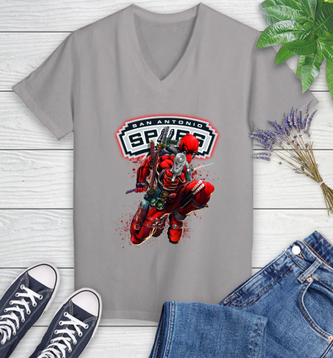 NBA Deadpool Marvel Comics Sports Basketball San Antonio Spurs Women's V-Neck T-Shirt 4