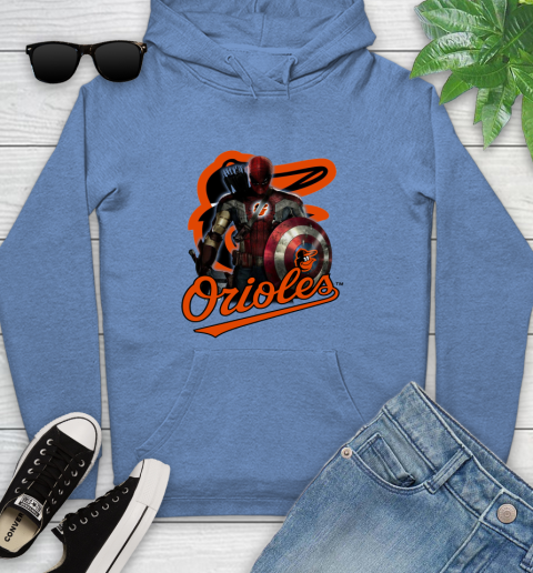 MLB Captain America Thor Spider Man Hawkeye Avengers Endgame Baseball Baltimore Orioles Youth Hoodie 12
