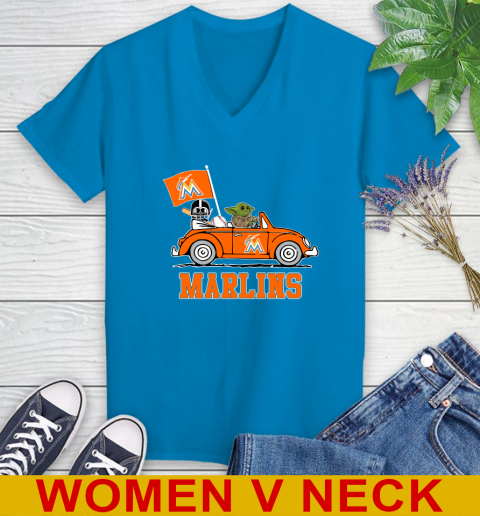 MLB Baseball Miami Marlins Darth Vader Baby Yoda Driving Star Wars Shirt Women's V-Neck T-Shirt 8