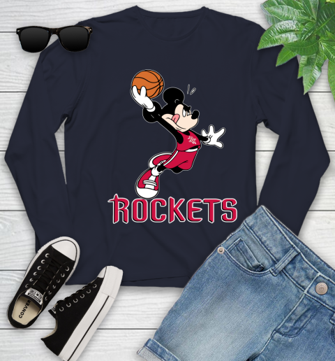 NBA Basketball Houston Rockets Cheerful Mickey Mouse Shirt Youth Long Sleeve 3