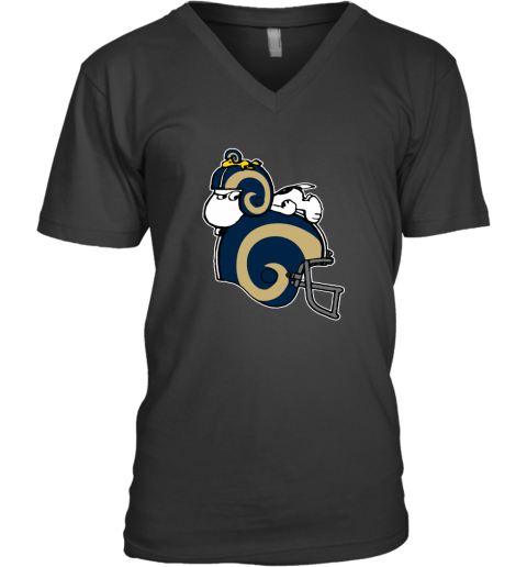Snoopy And Woodstock Resting On Los Angeles Rams Helmet V-Neck T-Shirt