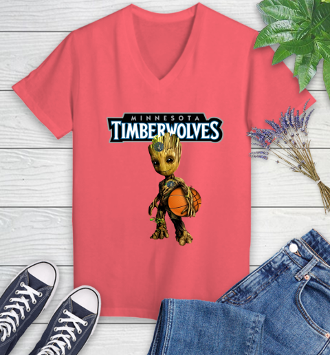 Minnesota Timberwolves NBA Basketball Groot Marvel Guardians Of The Galaxy Women's V-Neck T-Shirt 6