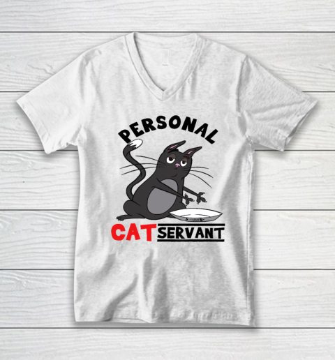 Personal Cat Servant Funny Black Cat Mom Cat Dad V-Neck T-Shirt