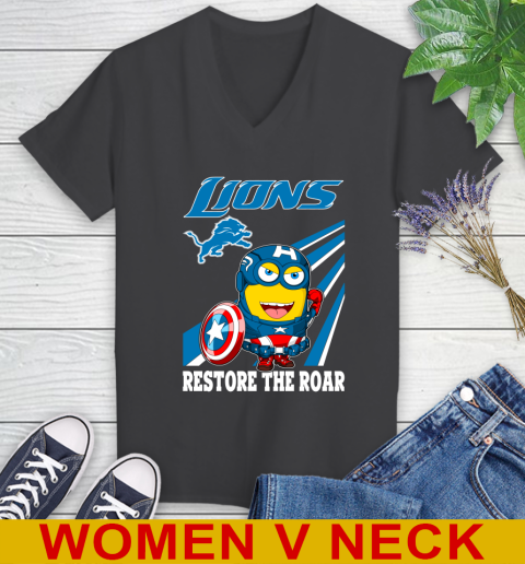 NFL Football Detroit Lions Captain America Marvel Avengers Minion Shirt Women's V-Neck T-Shirt 8