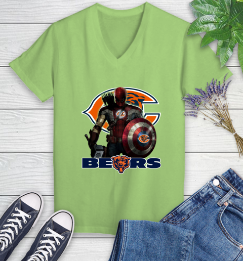 NFL Captain America Thor Spider Man Hawkeye Avengers Endgame Football Chicago Bears Women's V-Neck T-Shirt 11