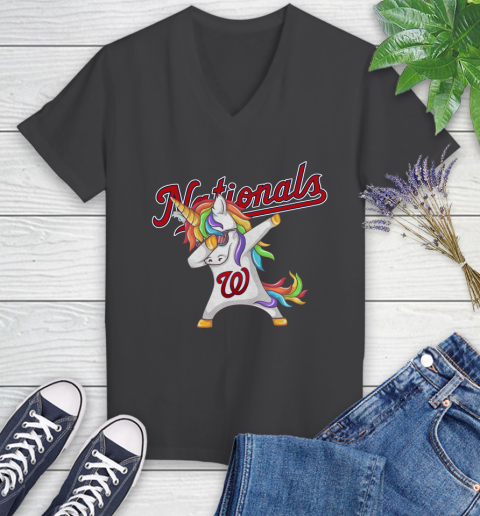 Washington Nationals MLB Baseball Funny Unicorn Dabbing Sports Women's V-Neck T-Shirt 8
