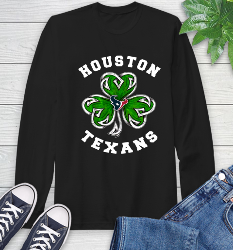 NFL Houston Texans Three Leaf Clover St Patrick's Day Football Sports Long Sleeve T-Shirt