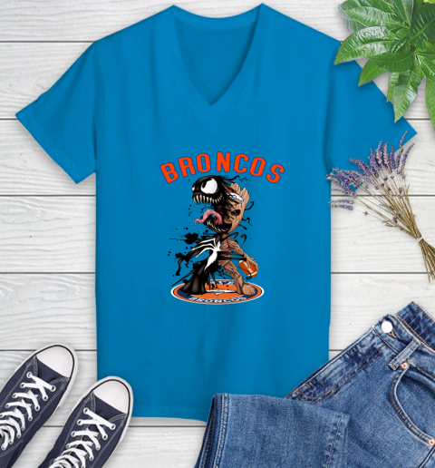 NFL Denver Broncos Football Venom Groot Guardians Of The Galaxy Women's V-Neck T-Shirt 7