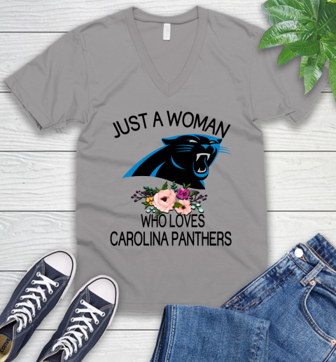 NFL Just A Woman Who Loves Carolina Panthers Football Sports V-Neck T-Shirt 2