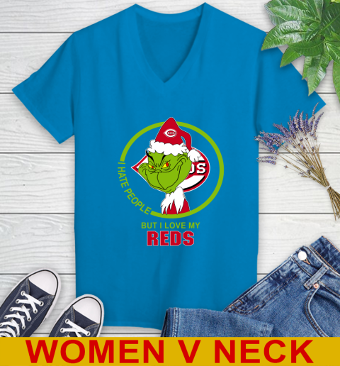 Cincinnati Reds MLB Christmas Grinch I Hate People But I Love My Favorite Baseball Team Women's V-Neck T-Shirt 8
