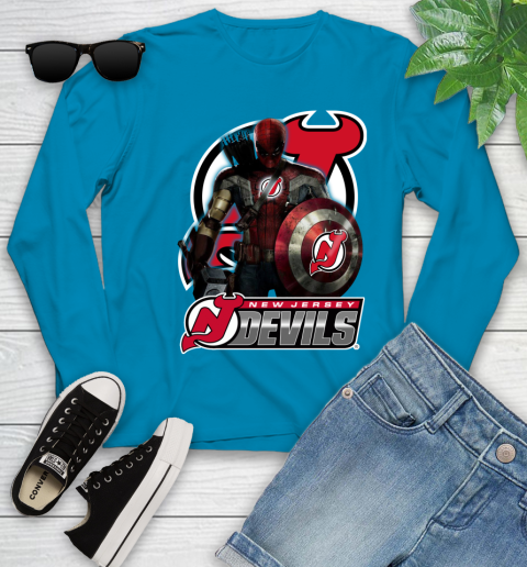 NHL Captain America Thor Spider Man Hawkeye Avengers Endgame Hockey New Jersey Devils Youth Long Sleeve 7