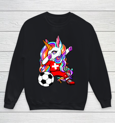 Dabbing Unicorn Switzerland Soccer Fans Jersey Flag Football Youth Sweatshirt