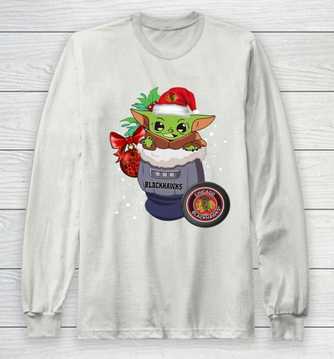 Chicago Blackhawks Christmas Baby Yoda Star Wars Funny Happy NHL Long Sleeve T-Shirt 12