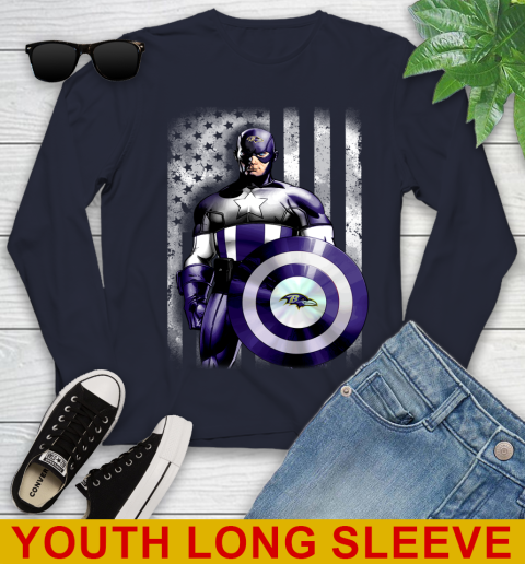 Baltimore Ravens NFL Football Captain America Marvel Avengers American Flag Shirt Youth Long Sleeve 2