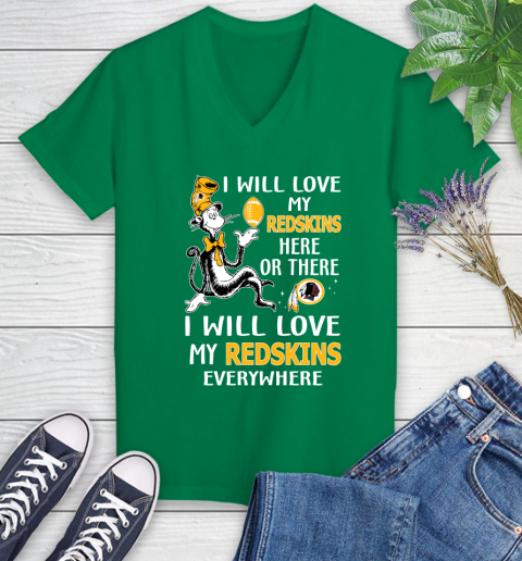 NFL Football Washington Redskins I Will Love My Redskins Everywhere Dr Seuss Shirt Women's V-Neck T-Shirt 4