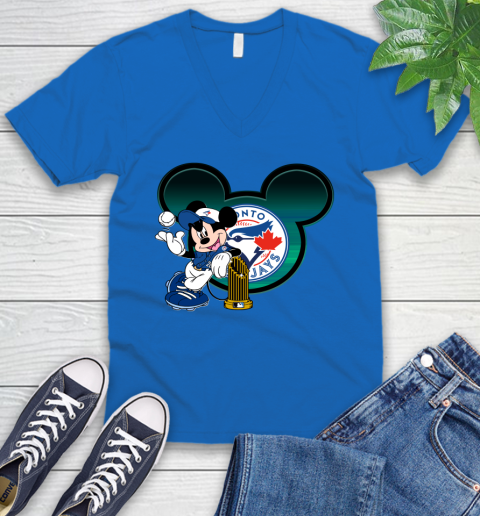MLB Toronto Blue Jays The Commissioner's Trophy Mickey Mouse Disney V-Neck T-Shirt 6