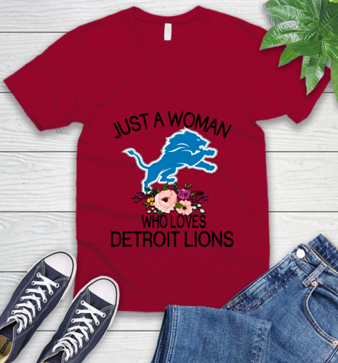 NFL Just A Woman Who Loves Detroit Lions Football Sports V-Neck T-Shirt 5