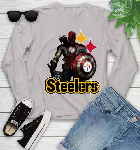 NFL Captain America Thor Spider Man Hawkeye Avengers Endgame Football Pittsburgh Steelers Youth Long Sleeve 12