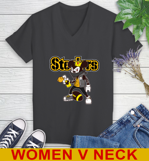 Pittsburgh Steelers NFL Football Mickey Peace Sign Sports Women's V-Neck T-Shirt 9