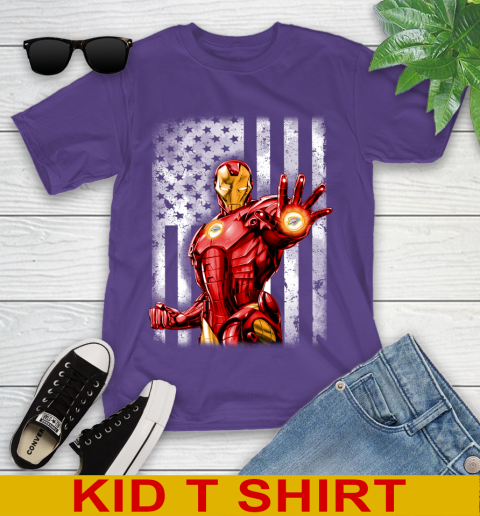 Oklahoma City Thunder NBA Basketball Iron Man Avengers American Flag Shirt Youth T-Shirt - Image 4