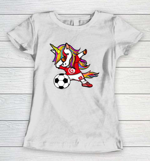 Funny Dabbing Unicorn Tunisia Football Tunisian Flag Soccer Women's T-Shirt