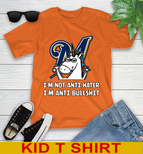 Milwaukee Brewers MLB Baseball Unicorn I'm Not Anti Hater I'm Anti Bullshit Youth T-Shirt 7