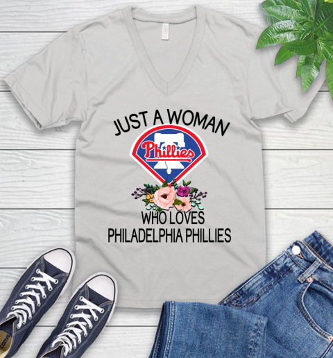MLB Just A Woman Who Loves Philadelphia Phillies Baseball Sports V-Neck T-Shirt