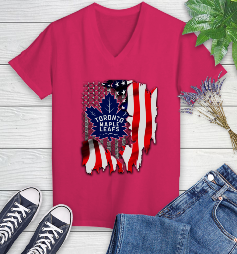 Toronto Maple Leafs NHL Hockey American Flag Women's V-Neck T-Shirt 9