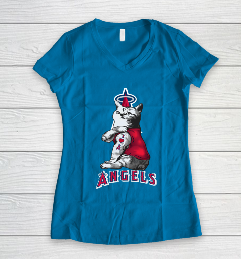 MLB Baseball My Cat Loves Los Angeles Angels Women's V-Neck T-Shirt 5