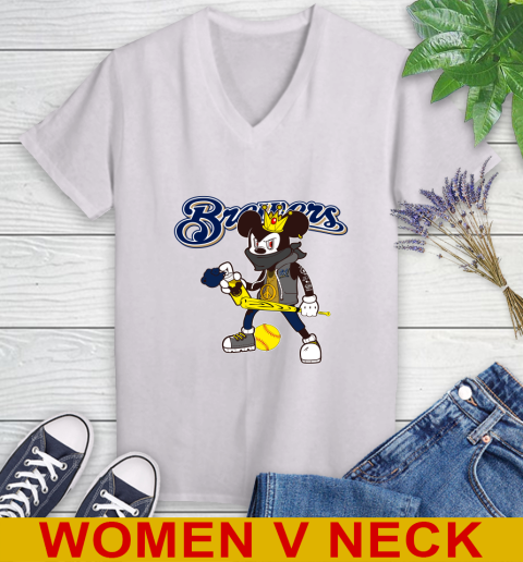 Milwaukee Brewers MLB Baseball Mickey Peace Sign Sports Women's V-Neck T-Shirt
