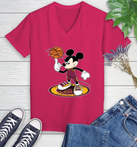 NBA Basketball Cleveland Cavaliers Cheerful Mickey Disney Shirt Women's V-Neck T-Shirt 8