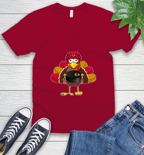 Chicago Blackhawks Turkey Thanksgiving Day V-Neck T-Shirt 8